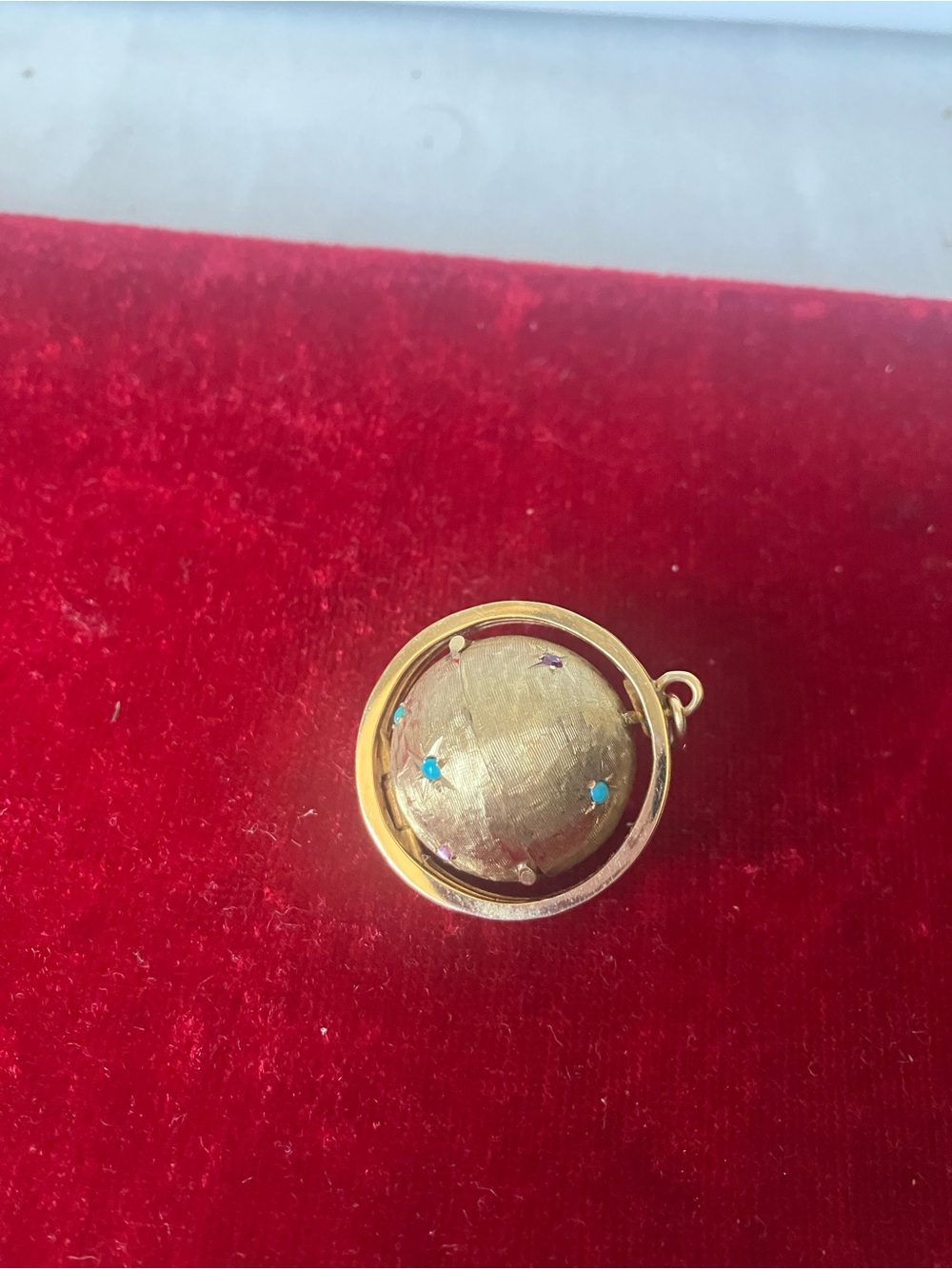Rare Vintage Esemco 14K Gold Folding Ball Orb Locket Pendant Ruby Turquoise 17g.